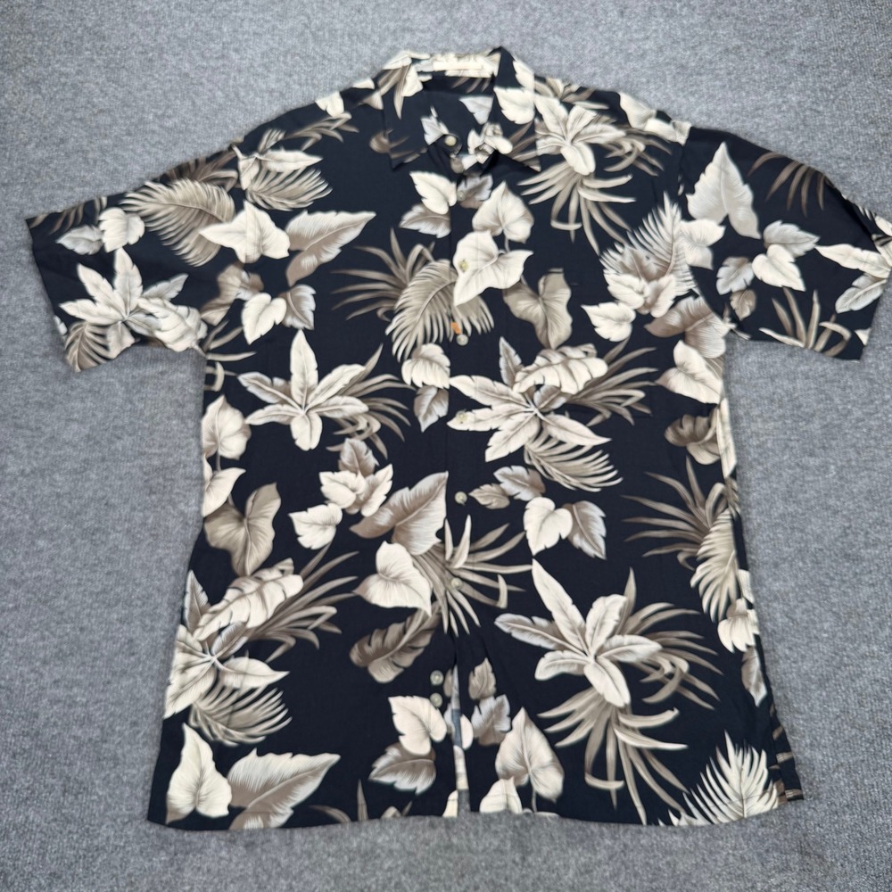 Mens Black Tropical Palm Floral Rayon Short Sleeve Button Down Shirt Large #4150